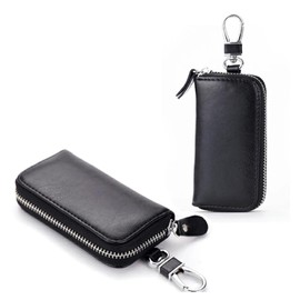 MOTOR KANTO Smart Key Case, Genuine Leather, 6 Hooks, Men's, Women's, Compact, Car, Keys, Card Storage, 2 Inner Pockets, Carabiner Included, Large Capacity, Leather, Black