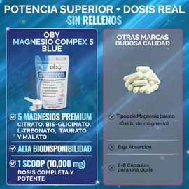 Oby Magnesio Complex 5 tipos: Citrato de Magnesio, Glicinato, Treonato, Taurato, Malato, Vitamina D3 y Espirulina Azul - Alta Pureza, Biodisponibilida