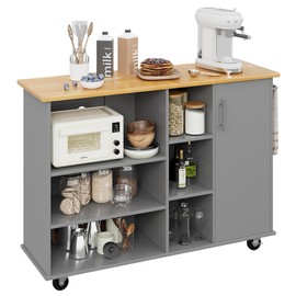 Shintenchi 47”W Kitchen Storage Island Cart with 6 Open Shelves and 1 Cabinet, Portable Trolley Cart with Wood Work Top and Handle/Towel Rack, Gray