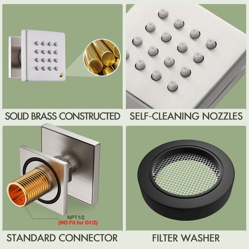 Bostingner Shower Body Spray Jets, Brushed Nickel Brass Square Shower