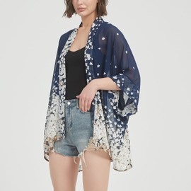 Women's Loose Print Sheer Chiffon Kimono Beach Swim Cover up Cardigan Capes Blouse Tops