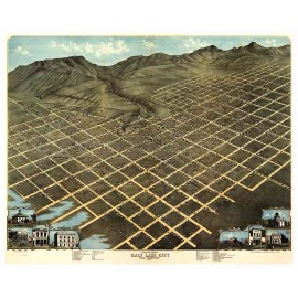 Amtigous Maps BIG Salt Lake City Utah in 1870 Birds Eye View MAP - 24"x 30"
