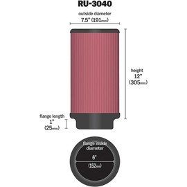 K&N High-Flow Original Lifetime Universal Clamp-On Air Filter: High Performance, Premium, Washable: Flange Diameter: 6 In, Filter Height: 12 In, Flange Length: 1 In, Shape: Round, RU-3040