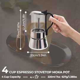 Clear Glass Moka Pot Stainless Steel Coffee Maker Stovetop Espresso Percolator Coffeemaker Italian Classic Style Brewing Greca Cafe Mocha Machine for Cafeteras Camping Travel and Home Use 4 Cup 220ml