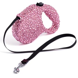 Sparkle Retractable Dog Leash,Pink Rhinestone Pet Walking Leash for Small Medium Dog Cat,Bling Small Puppy Leash,Durable 16 ft Strong Nylon Tape,360°Tangle-Free,One-Handed Brake, Pause, Lock