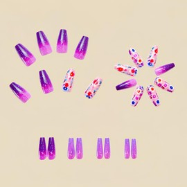 KTAABTR 24Pcs Purple Press on Nails Long Coffin Nails Flowers Fake Nails with Glue Purple Gradient Acrylic Nails Design Reusable Full Cover False Nails Flowers Stick on Nails for Women Girls Nails