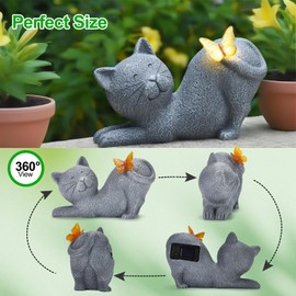 Cute Solar Cat Garden Statue with Lighted Butterfly, Outdoor Resin Cat Figurine, Waterproof Yard Lawn Patio Decoration, Solar Powered Garden Ornament and Gift for Cat Lovers