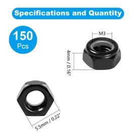 Yinpecly 150Pcs M3 x 0.5mm Nylon Insert Hex Lock Nuts Carbon Steel Zinc Plated Locknuts Self-Locking Nut M3 Metric Black Standard Threaded Nylock Nuts for Industrial Construction Fasteners
