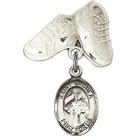 Sterling Silver Baby Badge with St. Ursula Charm and Baby Boots Pin 1 X 5/8 inches
