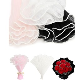 2 Pack Flower Bouquet Wrapping Paper with Pearl Edge, 11inch*4 Yards Wrinkled Floral Mesh Paper,Floral Supplies for Wedding Valentine's Day Party Favors Gift Packaging DIY Crafts (Black+White+Rose)