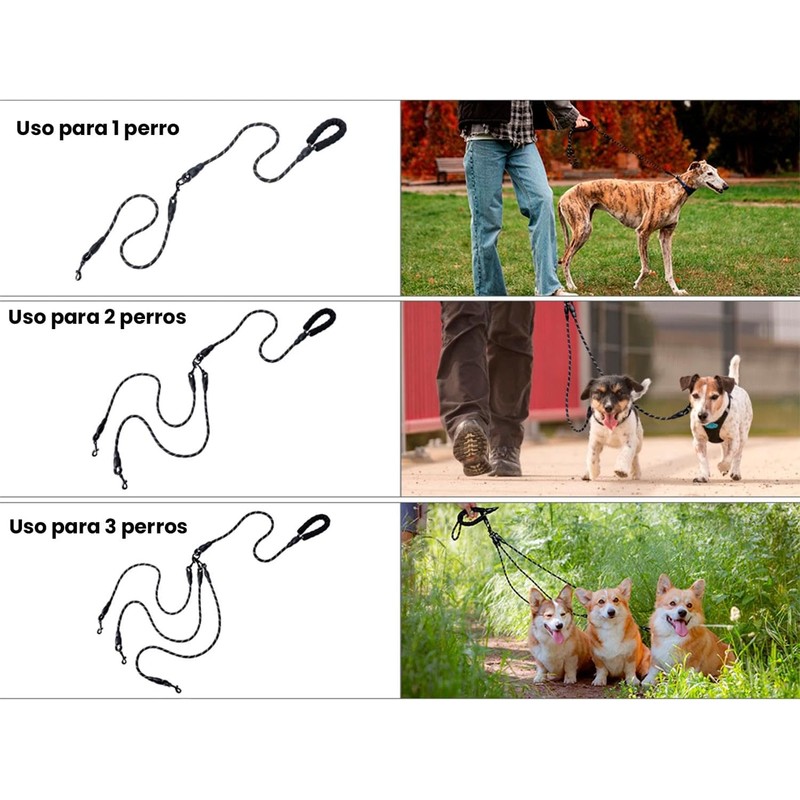 Correa de Paseo Triple y Extensible para Perros – Sistema