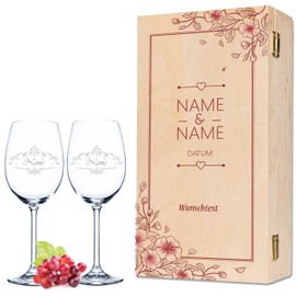 GRAVURZEILE Leonardo Weingläser mit Gravur - Red Flowers Pampasgras - Personalisiert mit Namen & Datum - Geschenk zur Hochzeit Verlobung - inkl. bedruckter Holzkiste - Farbe: Kleine Kiste UV