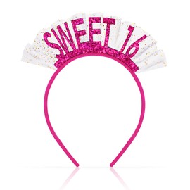 Semato Sweet 16 Birthday Headband Hot Pink Glitter Veil Tiara for Girls