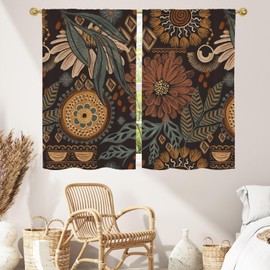 MitoVilla Boho Floral Kitchen Curtains 39 inch Length, Bohemia Plant Short Curtains for Small Window Cafe Store Kitchen Bathroom, Country Rod Pocket Drapes, 2 Panels, 26x39