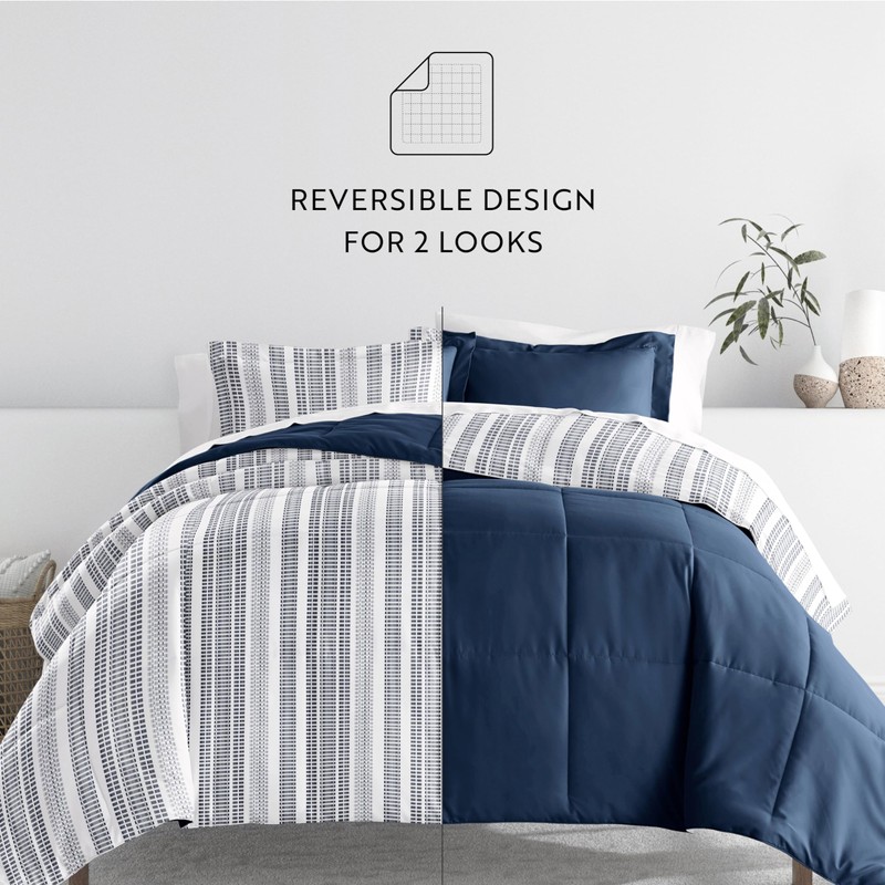 Merit Linens Bedding Bundle, Patterned Microfiber Comforter Set and Solid