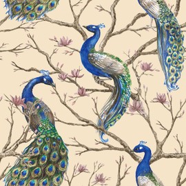 FunStick Vintage Green Blue Peacock Wallpaper Peel and Stick Chinoiserie Beige Floral Branches Bird Wallpaper for Bedroom Bathroom Waterproof Self Adhesive Beige Contact Paper for Wall Murals Cabinets