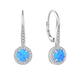 Rocayi Blue Opal Dangle Drop Earrings for Women 925 Sterling Silver Round Opal Leverback Earrings Gemstone Jewelry for Women