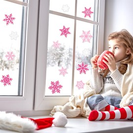 Whaline 32Pcs Winter Thick Gel Clings Christmas Pink White Snowflake Window Gel Decals for Home Classroom Nursery Xmas Party Decor