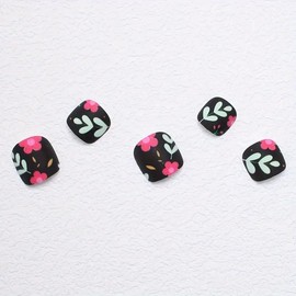 Black Press on Toe Nails Pink Flower Fake Toe Nails Spring Glue on Nails Short Square False Toenails for Women Matte Spring Fake Toe Nails Full Cover Stick on Toe Nails Glue on Toenails 24Pcs