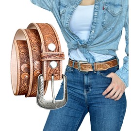 DANIEL'S ARTPLANET Women’s Western Leather Belt Cowgirl Belt For Jeans Pants Dresses Engraved Tooled Ladies Western Belt