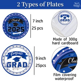 Heyigrow Graduation Party Disposable Supplies Paper Plates and Napkins Decorations Tableware 2025 Serve 50 (Blue)