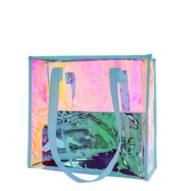 Kasepie Blue Iridescent Beach Bag for Women14x12x6 inch Holographic Vinyl Storage Tote Bag Clear Bag Stadium Approved for Work Sports Games Concerts Travel and Beach blue (299-21)