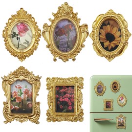 ZIFEZIRE Mini Gold Magnetic Picture Frames for Refrigerator, 5 Small Vintage Photo Frames with Soft Magnet Backing, Victorian Style Decor for Kitchen Office Home