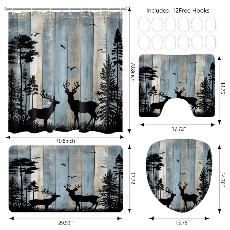 MYUSRE Rustic Cabin Deer Shower Curtain Set with Bathroom Rugs,