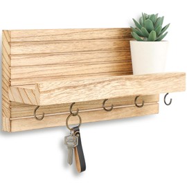 Lwenki Decorative Key Holder for Wall with Shelf, Entryway Shelf with Hooks Holds Leashes, Jackets and Glasses – Sturdy Wood Keyholder Entrance Hanger with Mounting Hardware (Wood)