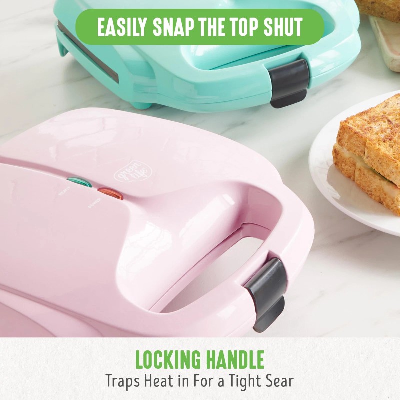 GreenLife Pink Kitchen Sandwich Maker Nonstick Ceramic Quick Heating Compact