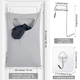 Wovnet 2 Pcs Large Hanging Laundry Hamper Bag 28 x 35 in Over The Door Hamper Space Saving Hanging Laundry Bag Basket with Hooks for Wall Dirty Clothes Storage RV Room, 2 Color