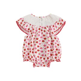 Licupiee Newborn Baby Girls Watermelon Romper Fly Sleeve Ruffle Rompers Sleeveless Babydoll Collar Bodysuits Summer Clothes (Red Strawberry, 12-18 Months)