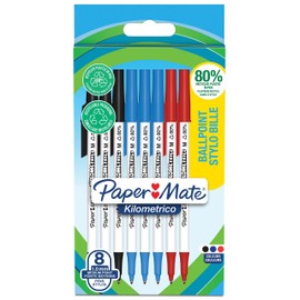 Paper Mate Kilometrico Ballpoint Pens | Long Writing with Medium Point (1.0mm) | Black, Blue & Red Ink | 80% Recycled Plastic | 8 Count