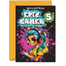 5th Birthday Card Girls - Epic Gamer Girl - Happy Birthday Card for 5 Year Old Girl Kids, 5x7 Inch Five Fifth Bday Video Game Gaming Greeting Cards