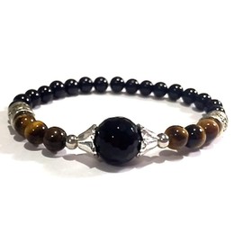 Handmade 7 Inch Black Onyx, Black Tourmaline and Tigers Eye Healing Bracelet