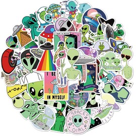 Pack of 50 Alien Stickers Cool Waterproof Vinyl Stickers for Laptop, Skateboard, Water Bottles, Computer, Bumper, Phone, Protective Helmet, Car Cartoon UFO Stickers and Stickers, Kids, Teens
