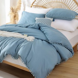 YIRDDEO King Size Comforter Set - King Size Comforter with Ball Pom Fringe, Soft King Bedding Set for All Seasons - 3 Pieces, 1 Comforter (104"x90"inches) & 2 Pillow Shams(20"x36"), Dusty Blue