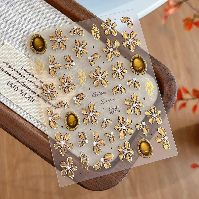 WENYUEN Gold Foil Relief Devil Flower Nail Stickers 3D 3D