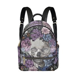Snilety Gothic Backpack Purses for Women Floral Skull Small Backpacks with Front Zipper Pocket PU Leather Shoulders Bag for Travel Work