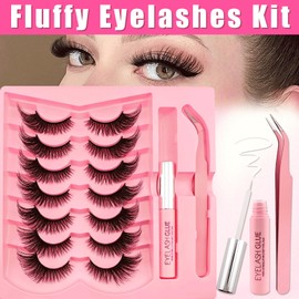 7 Pairs of 3D False Eyelashes, Cat's Eye with Glue and Tweezer Kit, Fluffy Volume Curly Cat-Eye Artificial Eyelashes, Natural Look, Reusable Faux Mink Makeup Eyelashes Set (SN002-Kit)