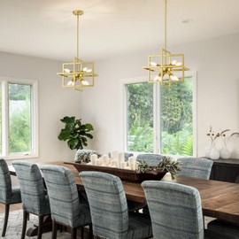 Yiisem Modern Small Square Gold Chandeliers 8-Light Geometric Pendant Light Fixture Industrial Lantern Hanging Chandelier for Kitchen Dining Room Foyer Entryway