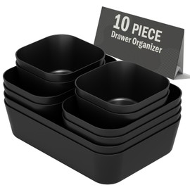 Plastic Drawer Organizers, 10 PCS Drawer Organizer Bins, Bathroom and Vanity Organizer Plastic Tray, Makeup organizer and storage for Makeup, Bedroom, Kitchen Gadgets Utensils and Office (Black)