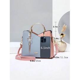 Colorblock Pu Leather Handbags for Women, Elegant Fashion Zipper Shoulder Bag with Heart & Tassel Charm, Handbag for School, Casual Trendy Versatile High-quality Daily Commuting Bag, Mother's Day Gift:_Blue_Please Refer To The Pictures for Dimensions