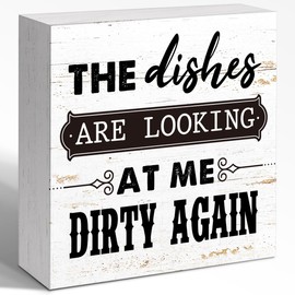 WUZYOU Dark Humor Kitchen Sign, The Dishes Are Looking At Me Dirty Again Wooden Block Sign 5x5x1 INCH, Kitchen Decor and Accessories, Millennial Housekeeping Humor Sign