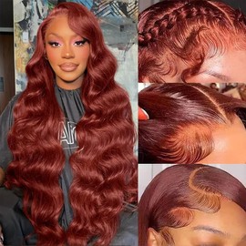 YINGRUN 26 Inch Reddish Brown Lace Front Wig - Human Hair Body Wave Lace Front Wig - 180% Density - Pre Plucked with Baby Hair - Auburn Brown