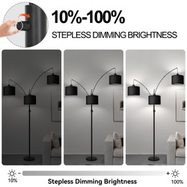 Dimmable Floor Lamp - 3 Lights Arc Floor Lamps for Living Room,Modern Tall Standing Tree Lamp with Black Linen Shade & Heavy Base,Mid Century Floor Lamp for Bedroom Corner Office, 3 LED Bulbs Included