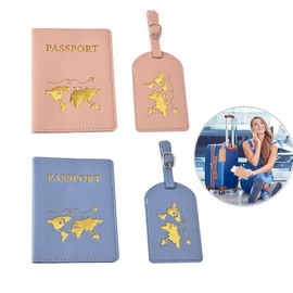 SSKHE 2PCS Passport Cover and 2PCS Luggage Tag, Passport Holder and Travel Suitcase Label Set, PU Leather Passport Protective Cover for Passport, Boarding Passes, Credit Card (Pink & Blue)