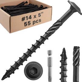 #14 x 5 Inch Structural Wood Screws Kit(55PCS), Heavy Duty Exterior Timber Screws, Black Lag Screws for Wood with Modified Truss Washer Head, Structural Construction Screws with T30 Star Drive Bit