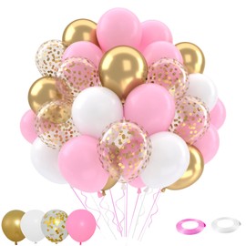 Patimate Pink Gold Confetti Balloons Set, 50 pcs 12 inch Metallic Gold Pastel Pink White Confetti Latex Balloons Kit for Birthday Baby Shower Girl Princess Party Decorations