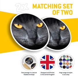 Vinyl Round Stickers (Set of 2) 7.5cm - Grey Cat Yellow Eyes for Laptops, Tablets, Luggage, Scrap Booking, Fridges #51098